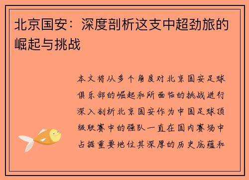 北京国安：深度剖析这支中超劲旅的崛起与挑战